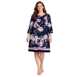 Woman 3x 2x Floral Dress Designer International Concept Navy, White and Pink